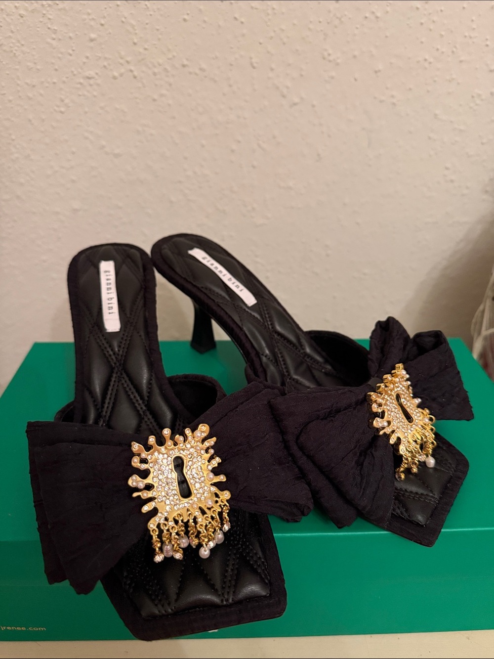 Gianni Bini Gold Black Embellished Bow Heels - Women